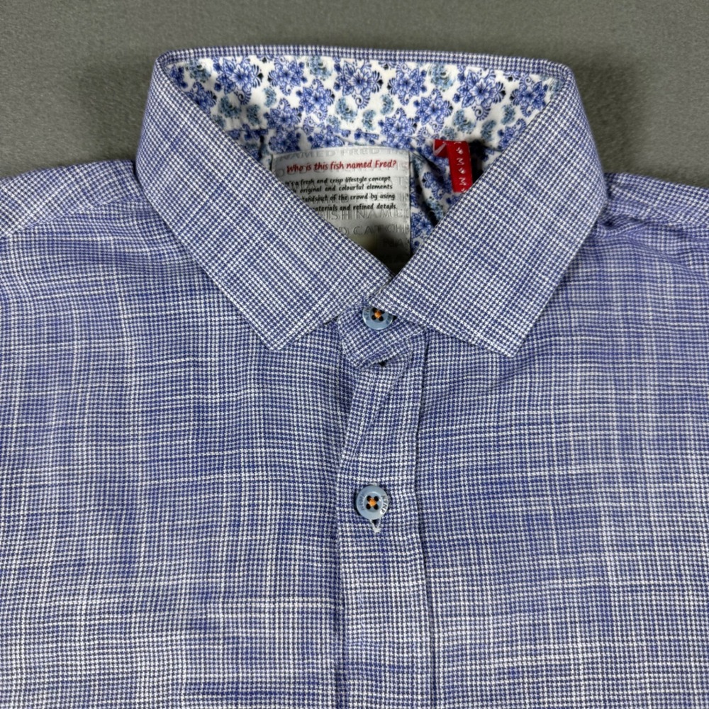 A Fish Named Fred Mens Shirt Short‎ Sleeve Slim Fit Blue Micro Pattern Cotton